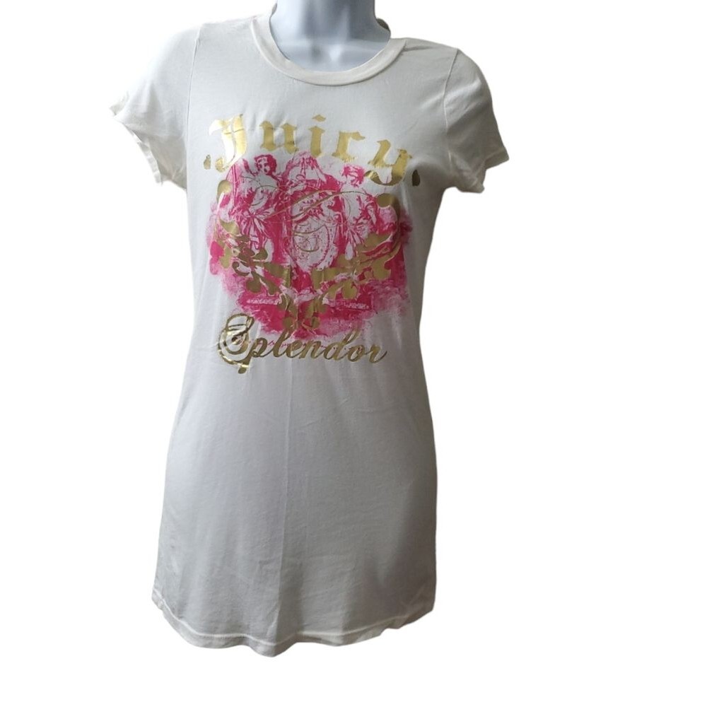 Juicy Couture Womens Vintage y2k 2000s White Floral long short sleeve Tee Shirt